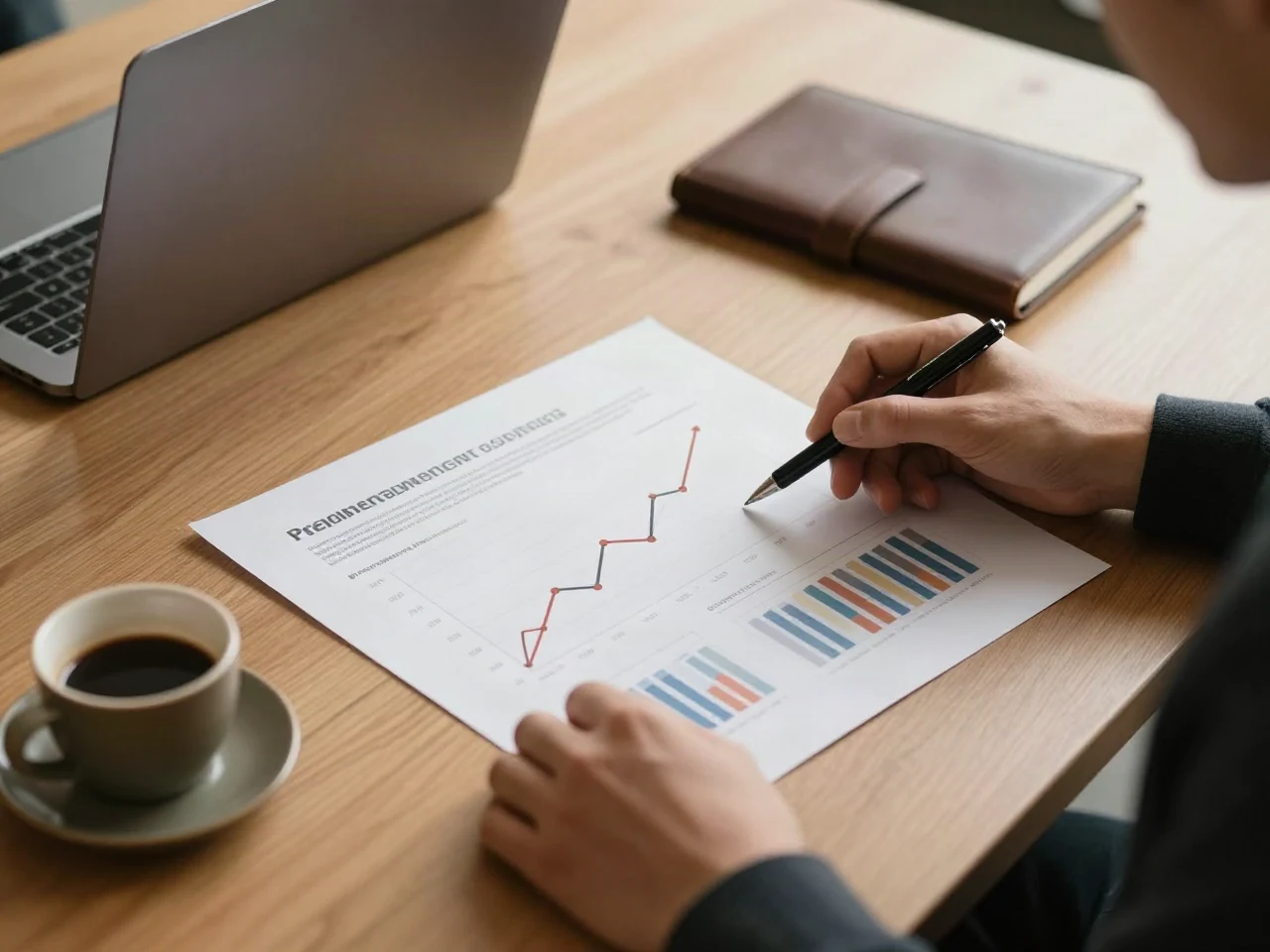 A close-up of business performance charts being reviewed with a pen beside a laptop and notebook